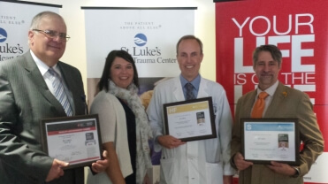 John Strange, St. Luke's President/CEO; Mindy Cook, American Heart Association Representative and Director of Mission: Lifeline Minnesota and North Dakota; Dr. Timothy Kleinschmidt, St. Luke's Internal Medicine Physician; Dr. Christopher Delp, St. Luke's Emergency Physician and Stroke Director.